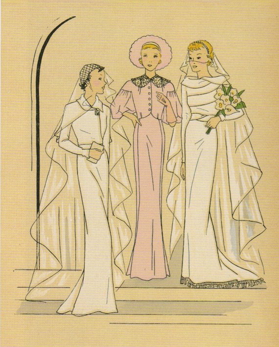 1930s wedding dresses, with maid of honour outfit in the centre. 1930s wedding dresses, with maid of honour outfit in the centre.