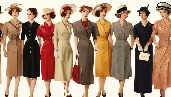 Scene depicting women of various social classes wearing similar stylish 1930s outfits, illustrating the democratization of fashion Scene depicting women of various social classes wearing similar stylish 1930s outfits, illustrating the democratization of fashion