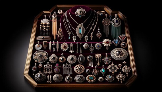 A selection of 1930s art deco jewellery including brooches, clip-on earrings, necklaces, bracelets, and rings A selection of 1930s art deco jewellery including brooches, clip-on earrings, necklaces, bracelets, and rings