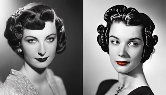 Side-by-side comparison of a woman with finger waves and another with pin curls, both popular 1930s hairstyles Side-by-side comparison of a woman with finger waves and another with pin curls, both popular 1930s hairstyles