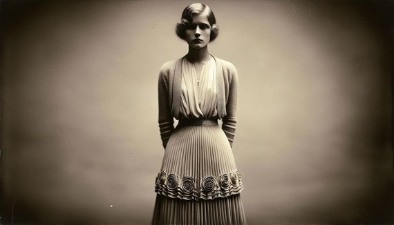 A woman wearing a typical 1930s dress with a cinched waist and mid-calf length skirt A woman wearing a typical 1930s dress with a cinched waist and mid-calf length skirt