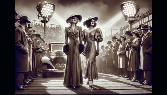 A glamorous scene featuring Greta Garbo and Joan Crawford in iconic 30s Hollywood fashion, influencing global style trends A glamorous scene featuring Greta Garbo and Joan Crawford in iconic 30s Hollywood fashion, influencing global style trends