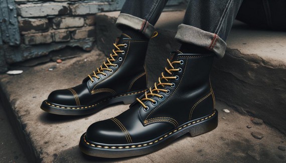 popular 90s fashion items, a pair of classic black Doc Martens boots with yellow stitching, placed on a grungy urban surface popular 90s fashion items, a pair of classic black Doc Martens boots with yellow stitching, placed on a grungy urban surface