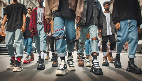 A young, diverse group of people wearing modern interpretations of 90s footwear styles, walking confidently on a city street A young, diverse group of people wearing modern interpretations of 90s footwear styles, walking confidently on a city street